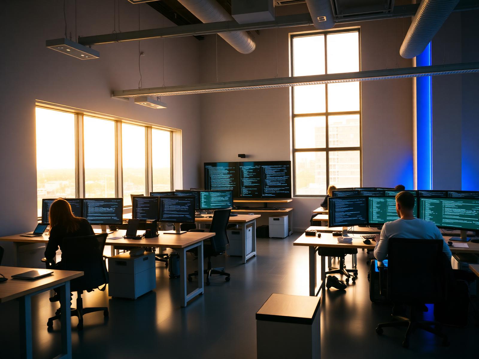Students working at code workstations in the ECNT computer lab